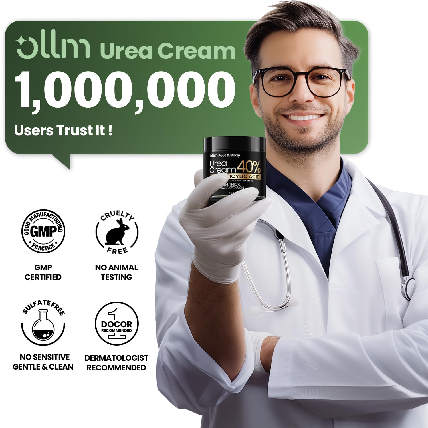 OLL M Urea Cream 40% lightweight formula smooths skin for everyday use.
