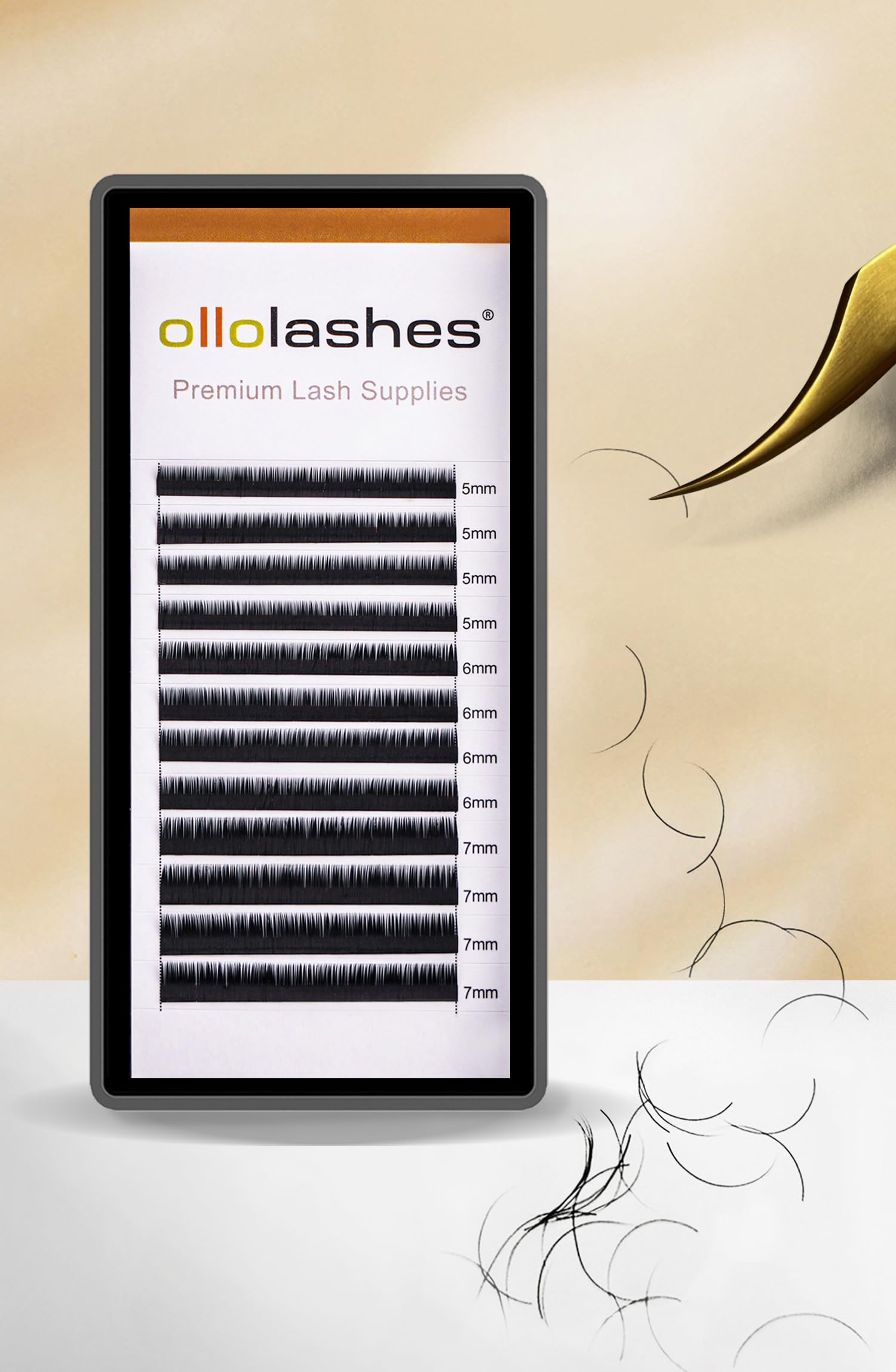 OLLOLASHES bottom lash extensions in J curl for precise 0.05mm application and clean results.