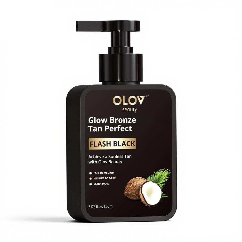 Lotion auto-bronzante OLOV BEAUTY — flacon élégant prêt à l’emploi pour un teint naturel.