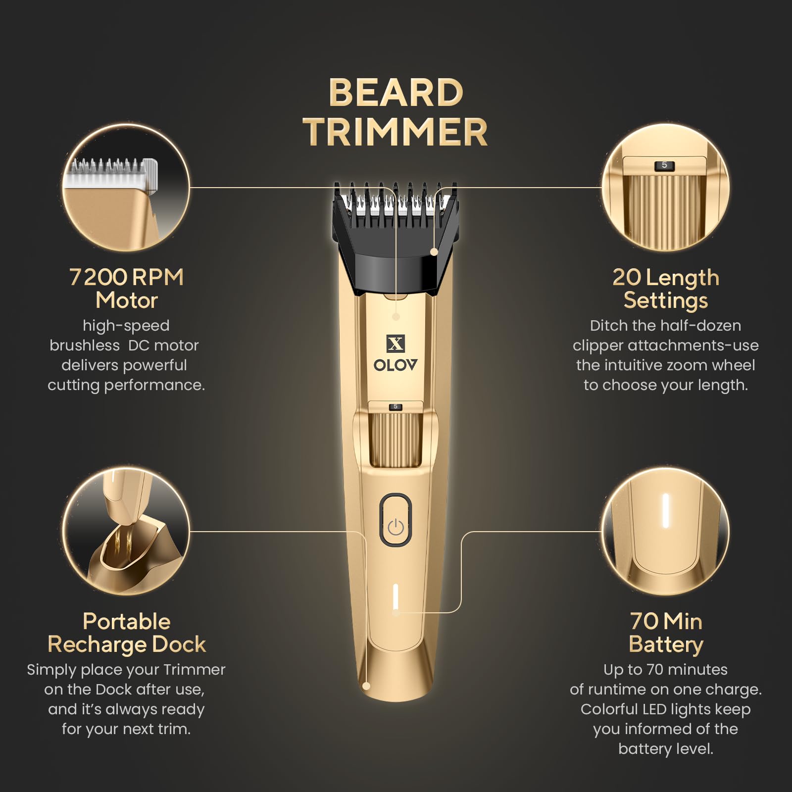 OLOV X beard trimmer displays 20-length settings for versatile grooming