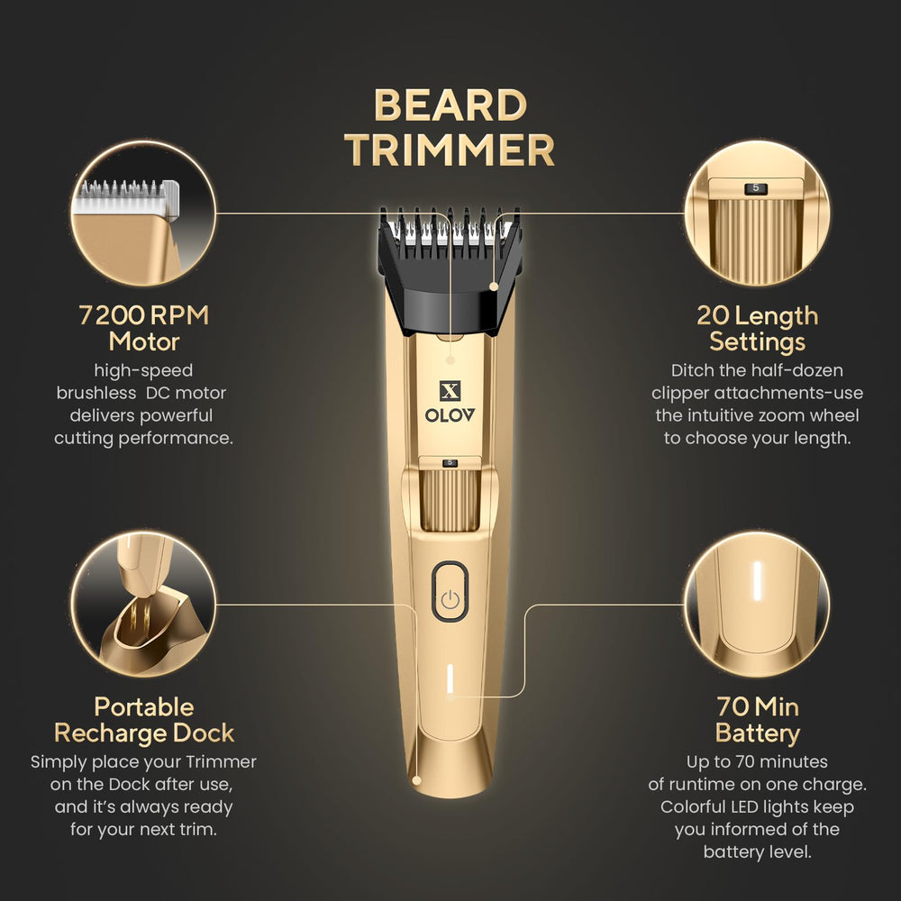 OLOV X beard trimmer displays 20-length settings for versatile grooming