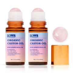 Olvaxin castor oil roll-on bottle with rose quartz for facial hydration