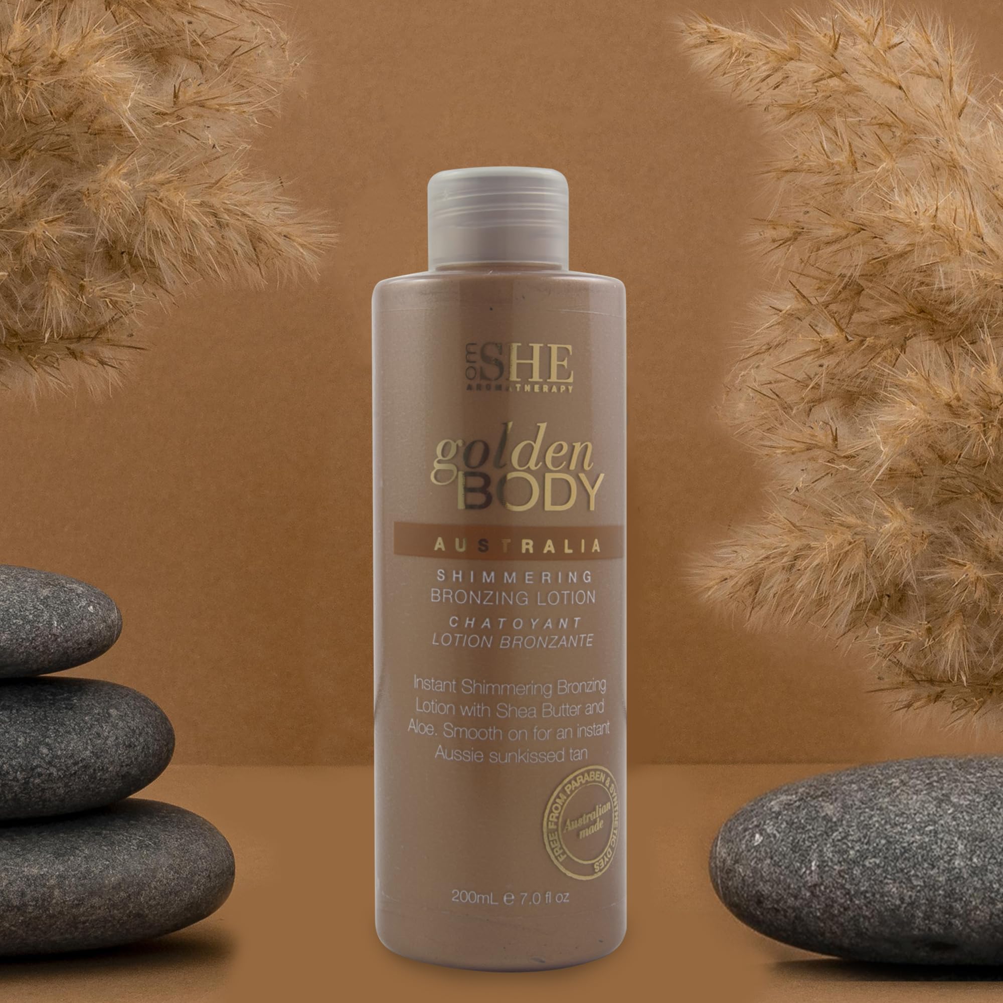 Packaging box of Om She Aromatherapy Golden Lotion highlighting Australian made claim.