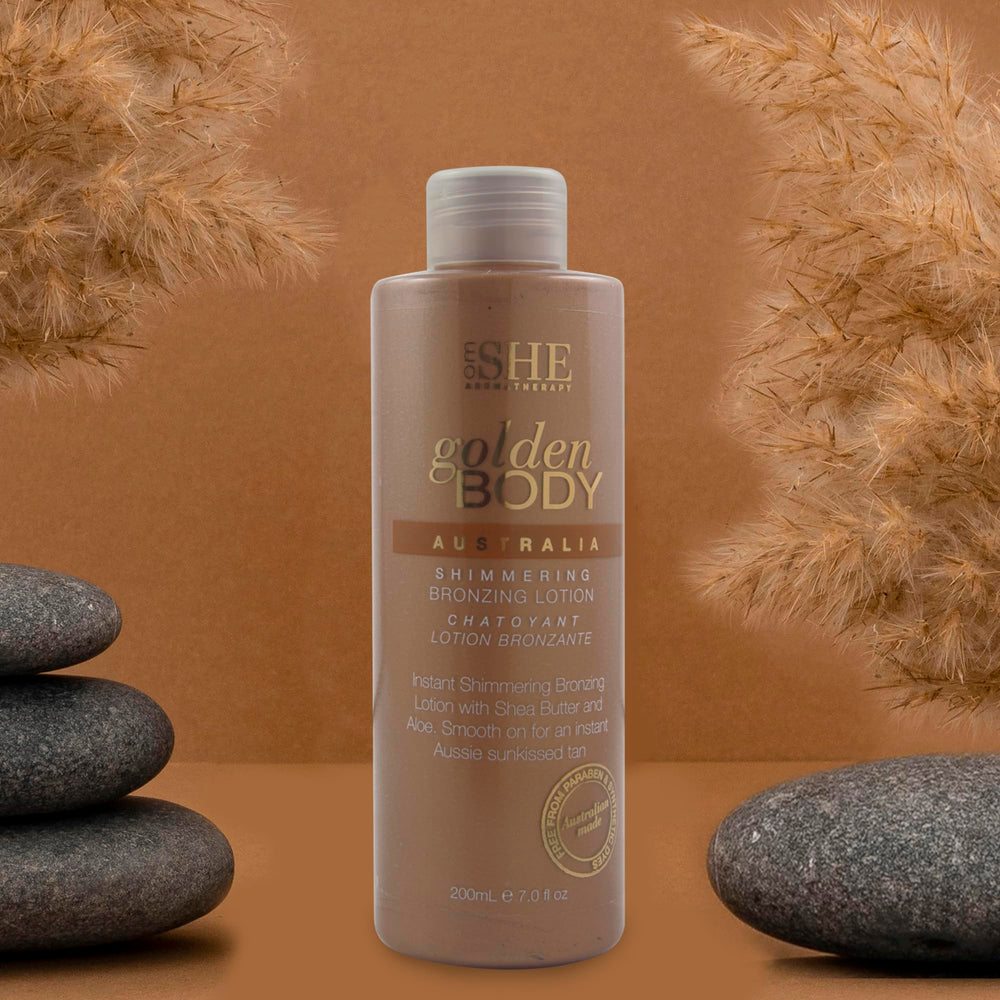 Packaging box of Om She Aromatherapy Golden Lotion highlighting Australian made claim.
