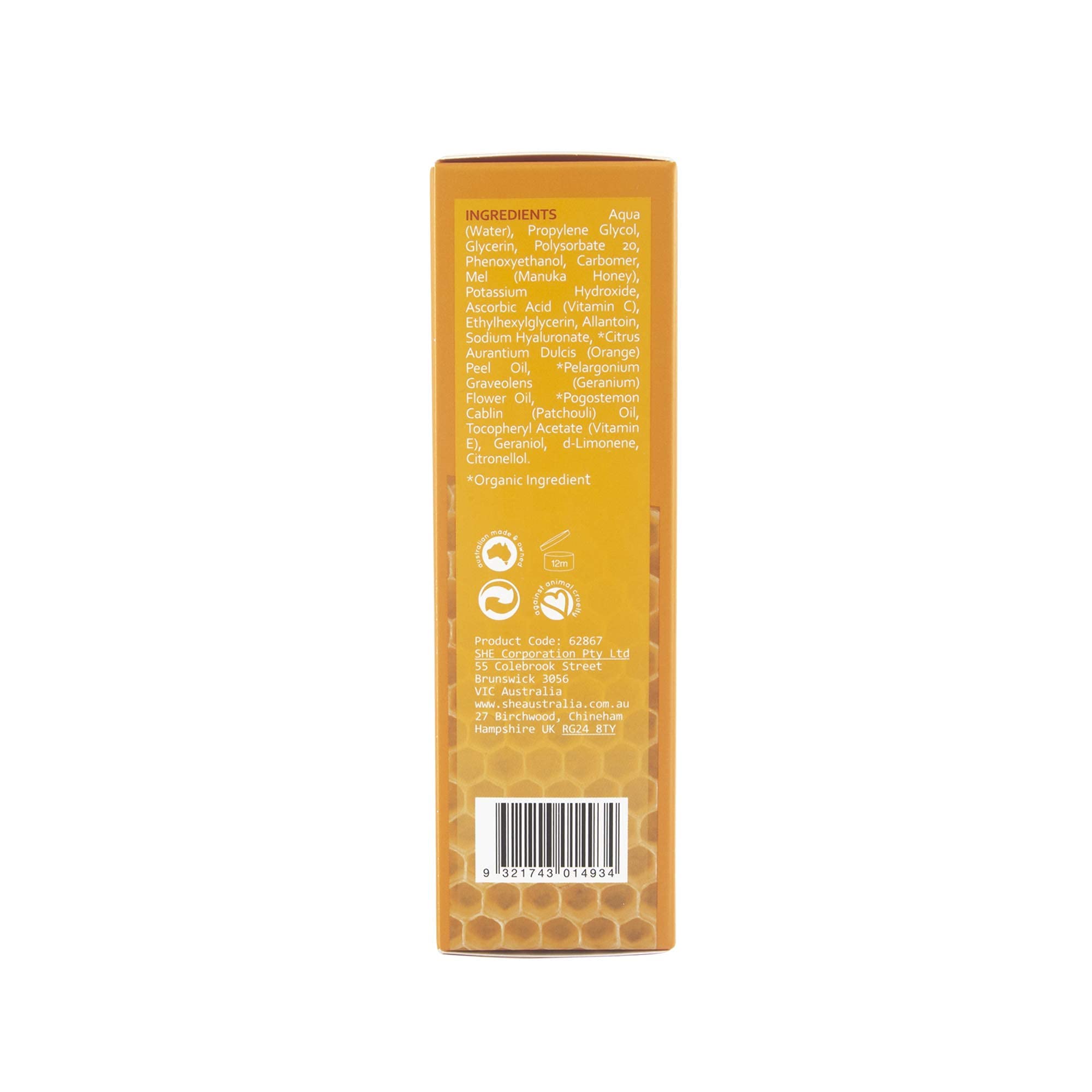 Om SHE vitamin C and E ingredients banner emphasizing brightening and protection