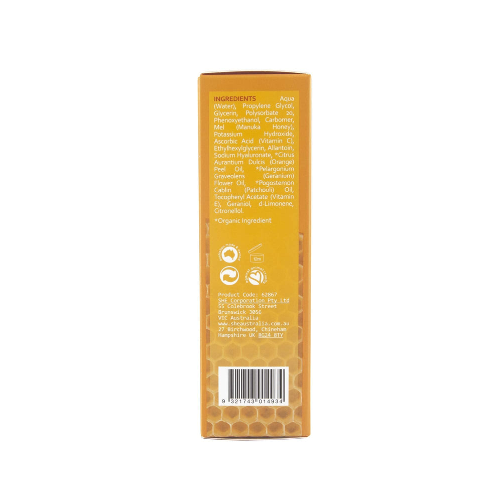 Om SHE vitamin C and E ingredients banner emphasizing brightening and protection
