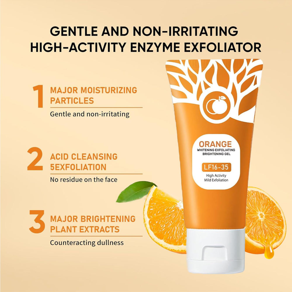 Omexry Orange Exfoliating Gel enzyme action closeup highlights purification.