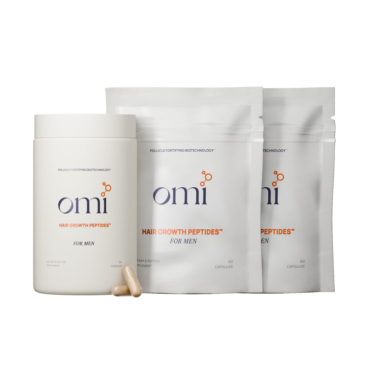 OMI WELLBEAUTY Men's Hair Growth Peptides bottle highlights a clinical-grade formula for follicle support.