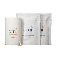 OMI WELLBEAUTY Men's Hair Growth Peptides bottle highlights a clinical-grade formula for follicle support.