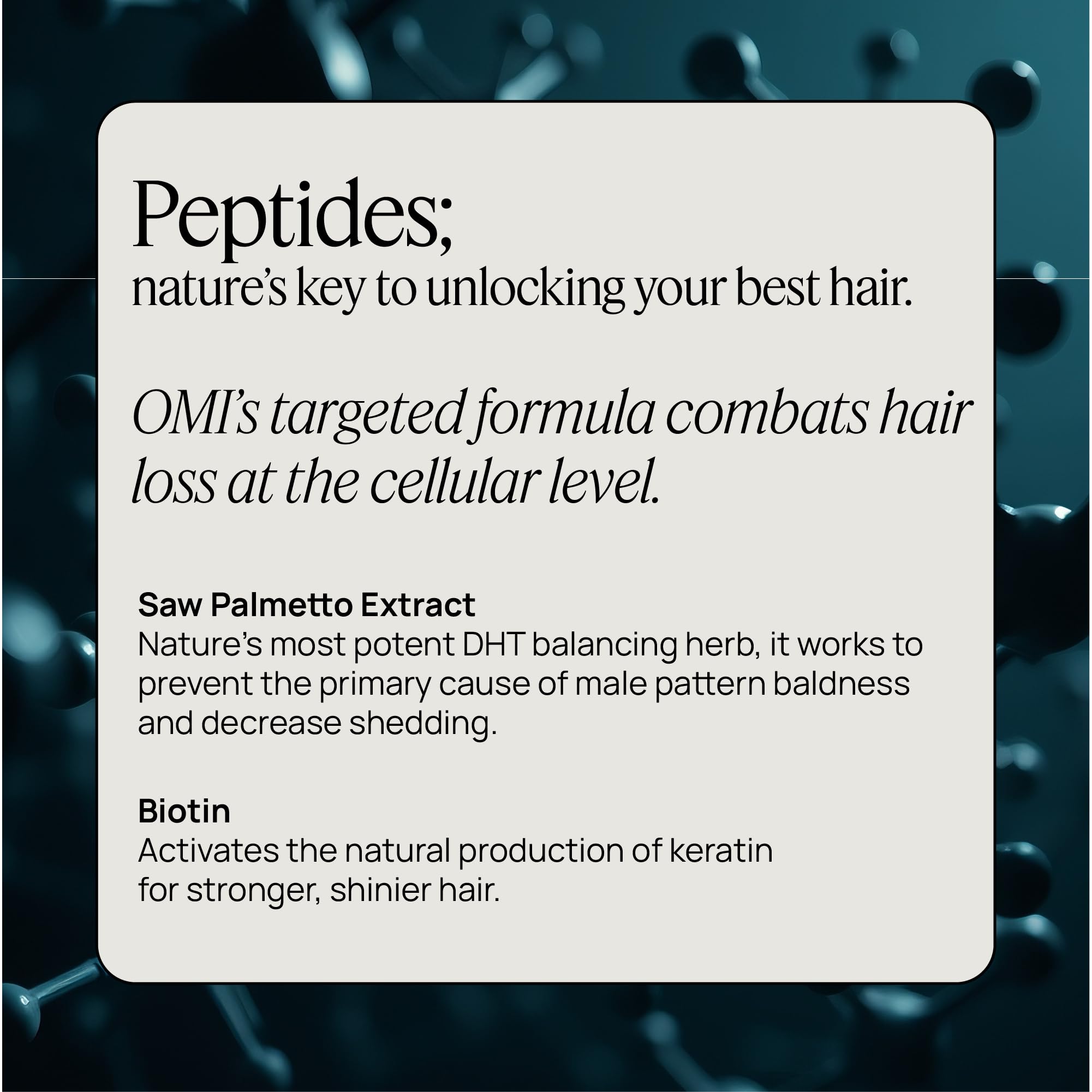 OMI WELLBEAUTY ingredients illustration highlights patented peptide technology for follicle reinforcement.