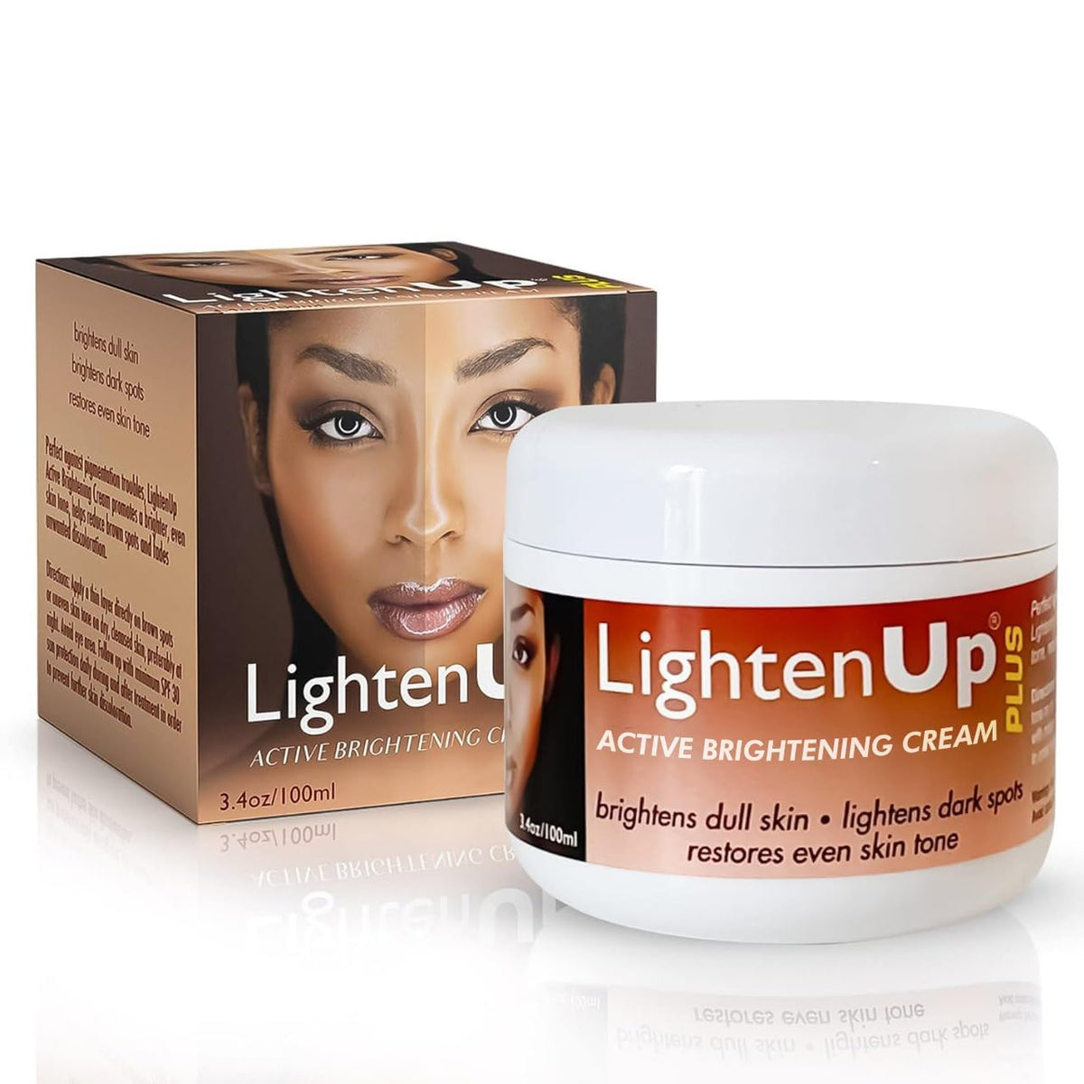 OMIC Lighten-Up Plus bottle front showing premium packaging and daily brightening potential.