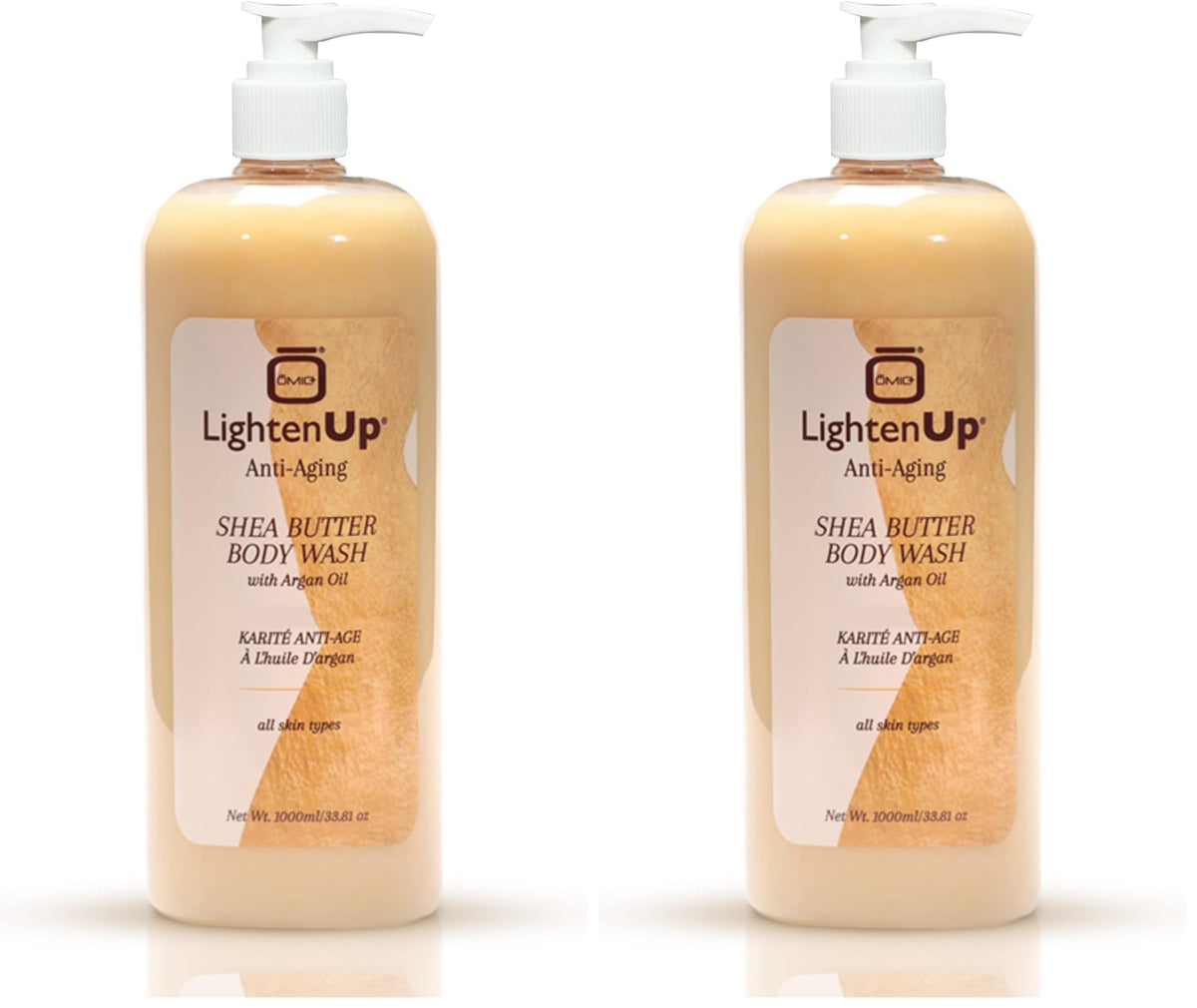 OMIC LightenUp bottle front promotes anti-aging nourishment for soft skin.