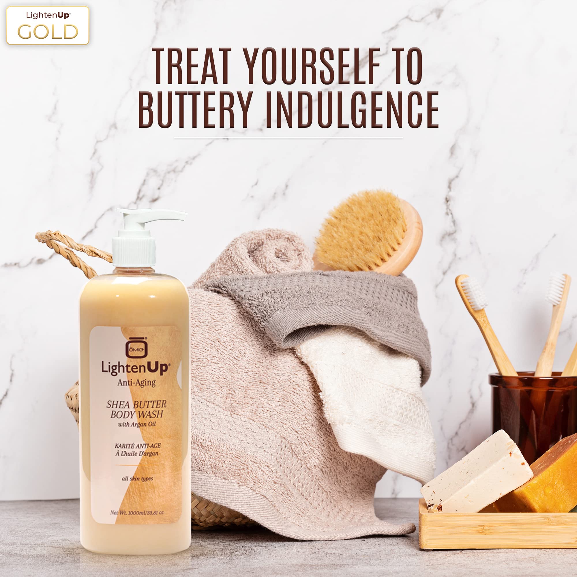 OMIC LightenUp shea butter rich texture for smooth skin.