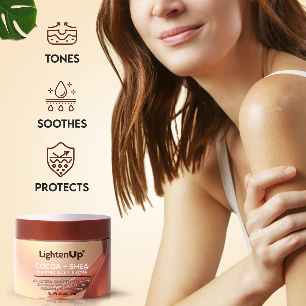 Soins corporels quotidiens avec Lighten-Up sur peau normale à sèche.