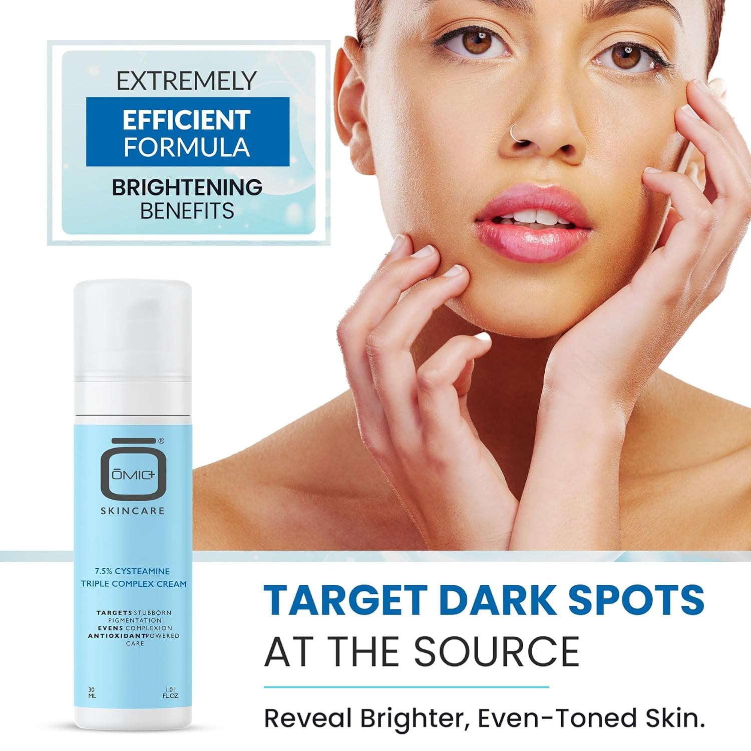 OMIC Skincare 7.5% cysteamine cream being applied for a smoother-looking complexion.