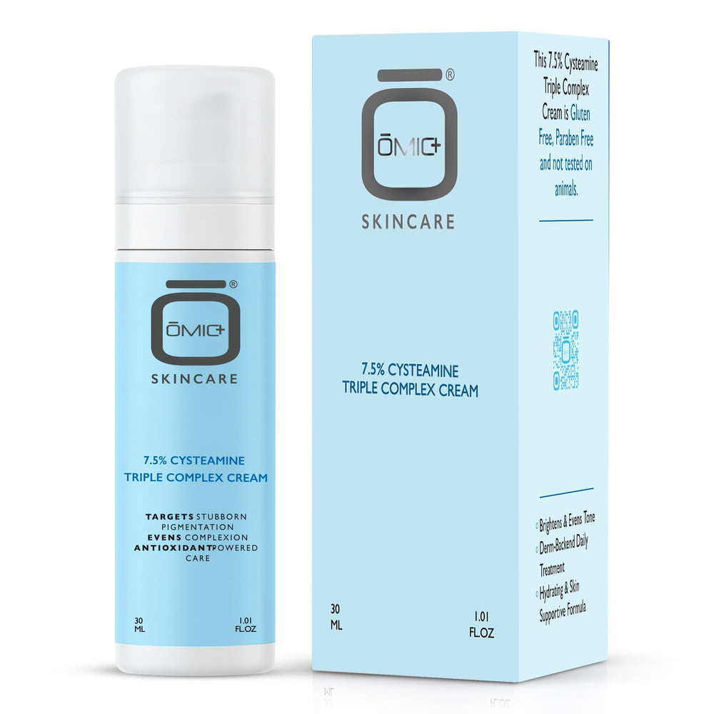OMIC Skincare 7.5% cysteamine triple cream bottle, suggesting brighter, more even skin tone.