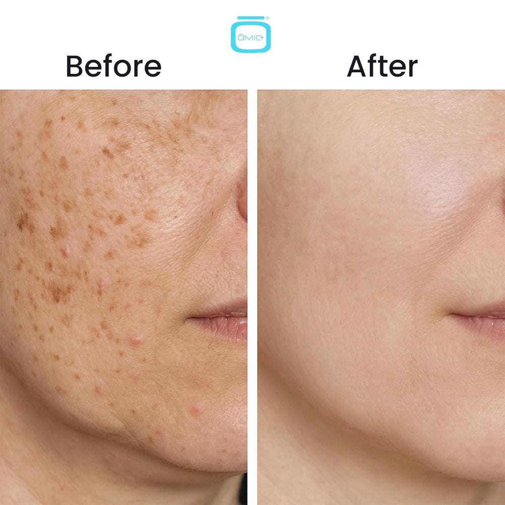 OMIC Skincare routine shot with bottle and clean vanity setup.