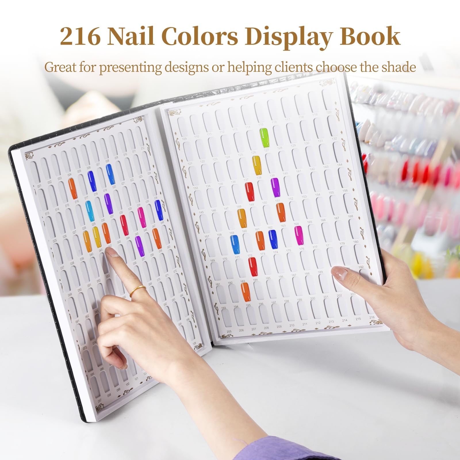 OMISTAR 216 nail colors display book inside pages organized by shade groups.