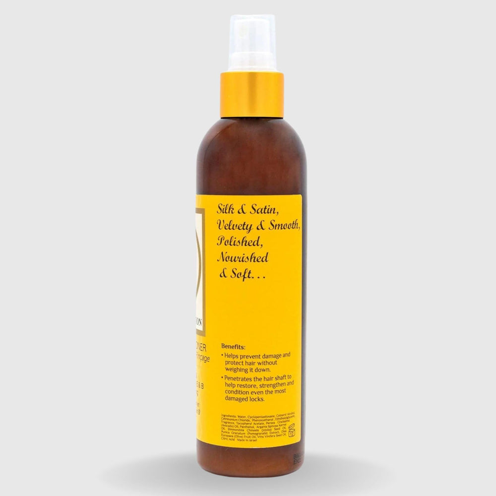 OMM Collection leave-in spray application showing lightweight hydration and frizz control.