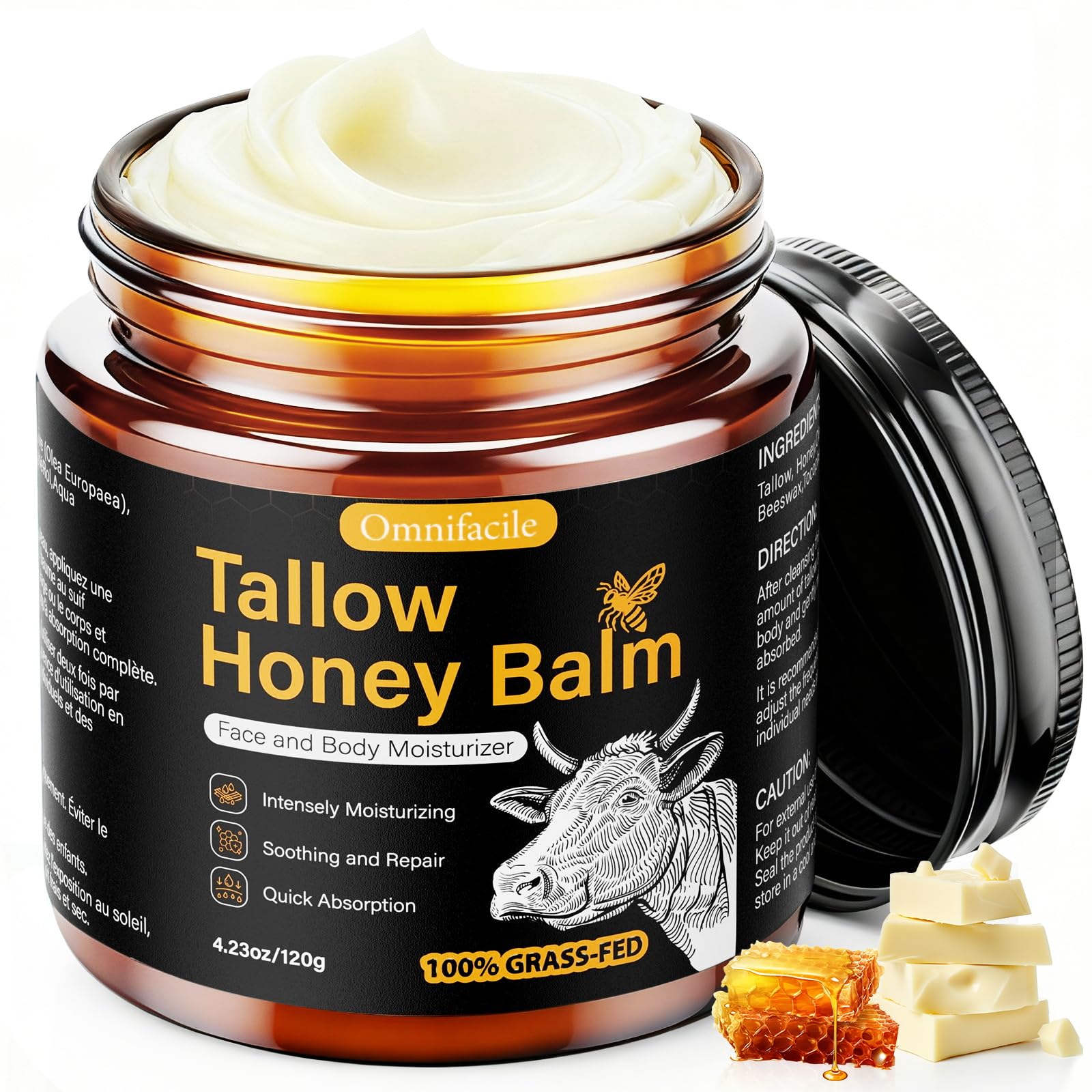 Omnifacile beef tallow honey balm jar close-up showing creamy texture for hydration