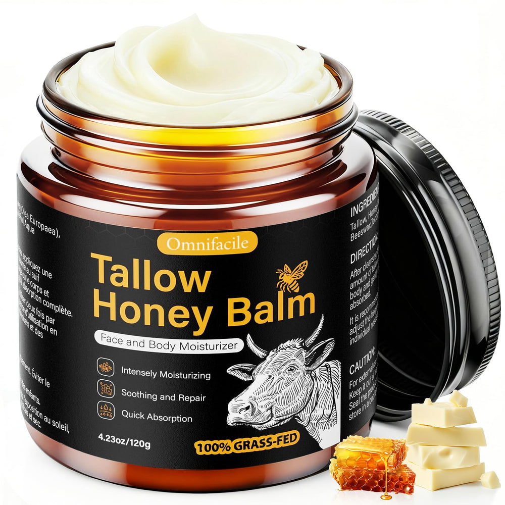 Omnifacile beef tallow honey balm jar close-up showing creamy texture for hydration