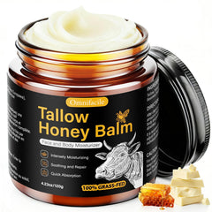 Omnifacile beef tallow honey balm jar close-up showing creamy texture for hydration