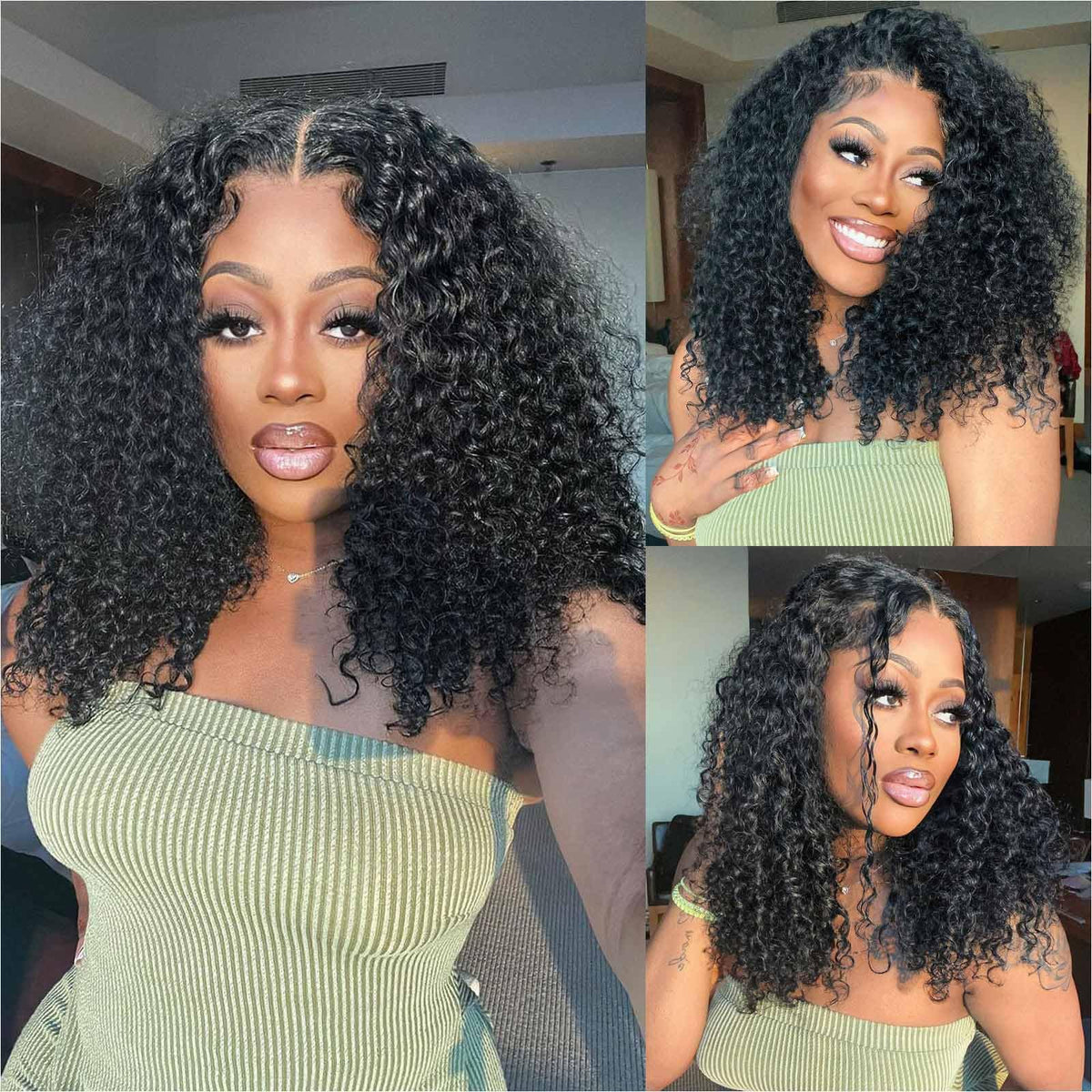 omswet curly bob wig 16in close-up shows natural density for everyday wear.