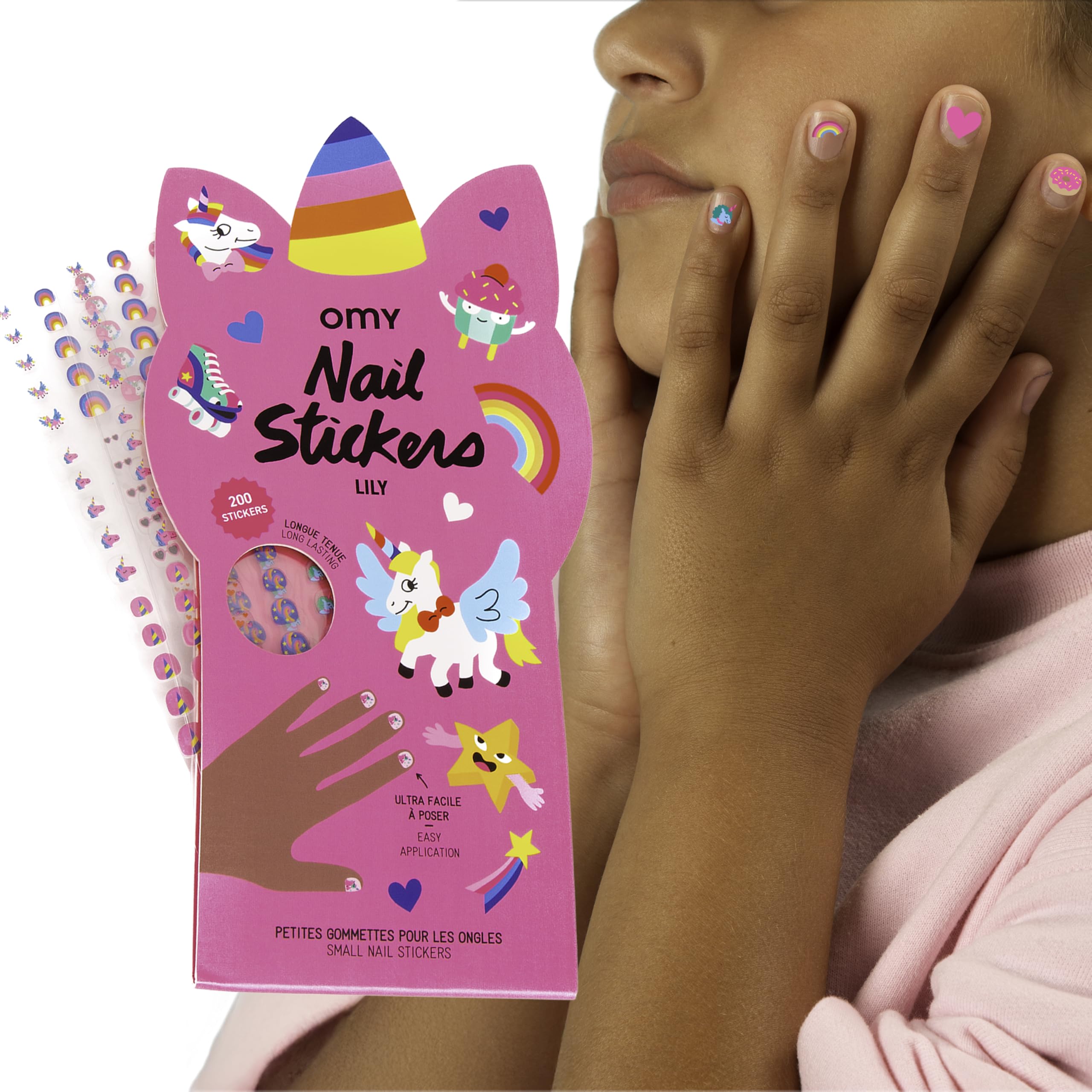 Omy unicorn nail stickers pack offers whimsical designs for kids and easy application.