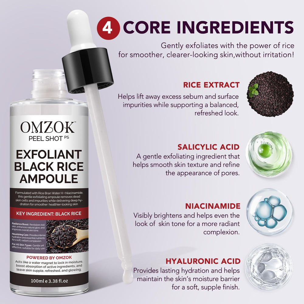 OMZOK Rice extract serum on skin, hinting at smoothing benefits