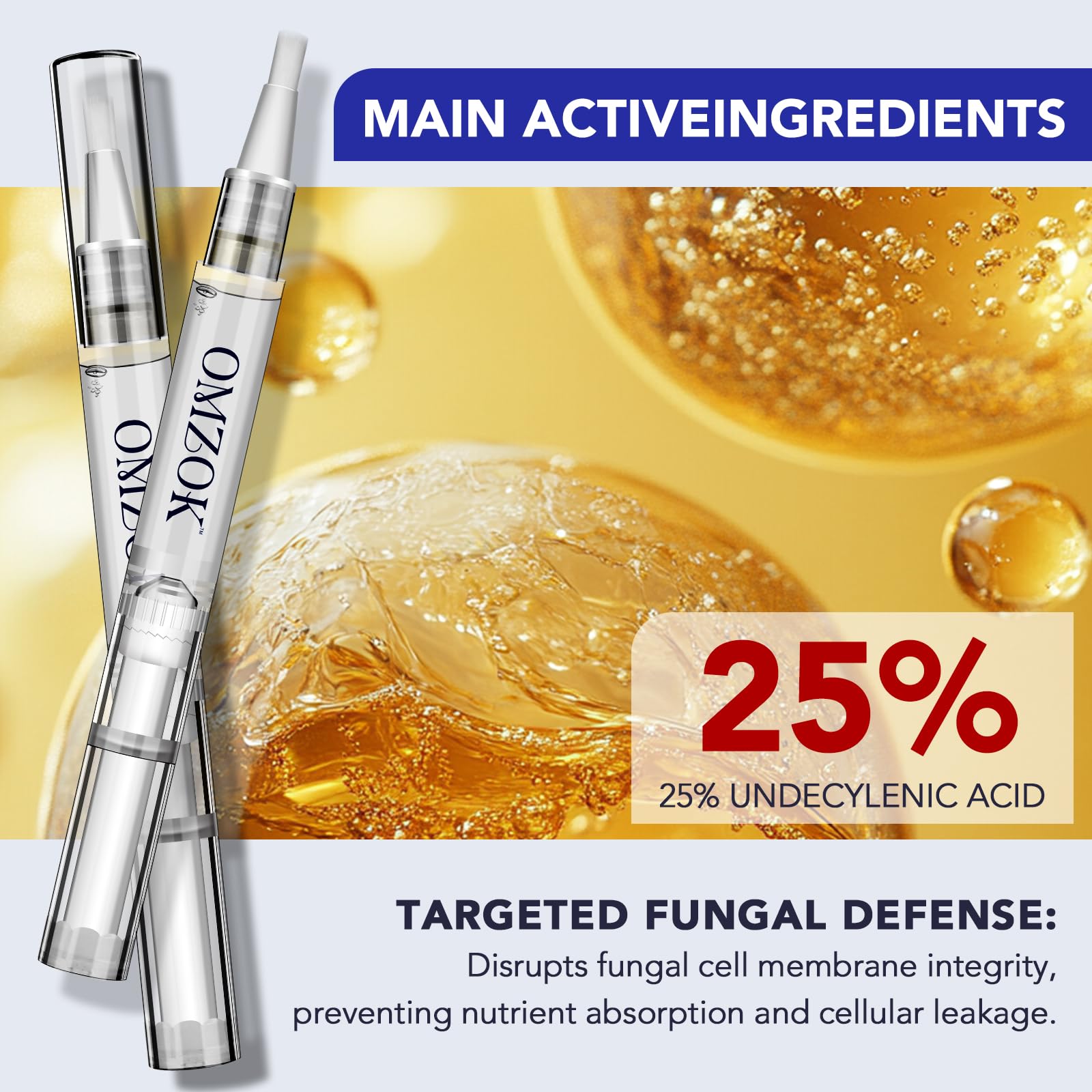 OMZOK tea tree oil blend visualizes botanical defense for nails.