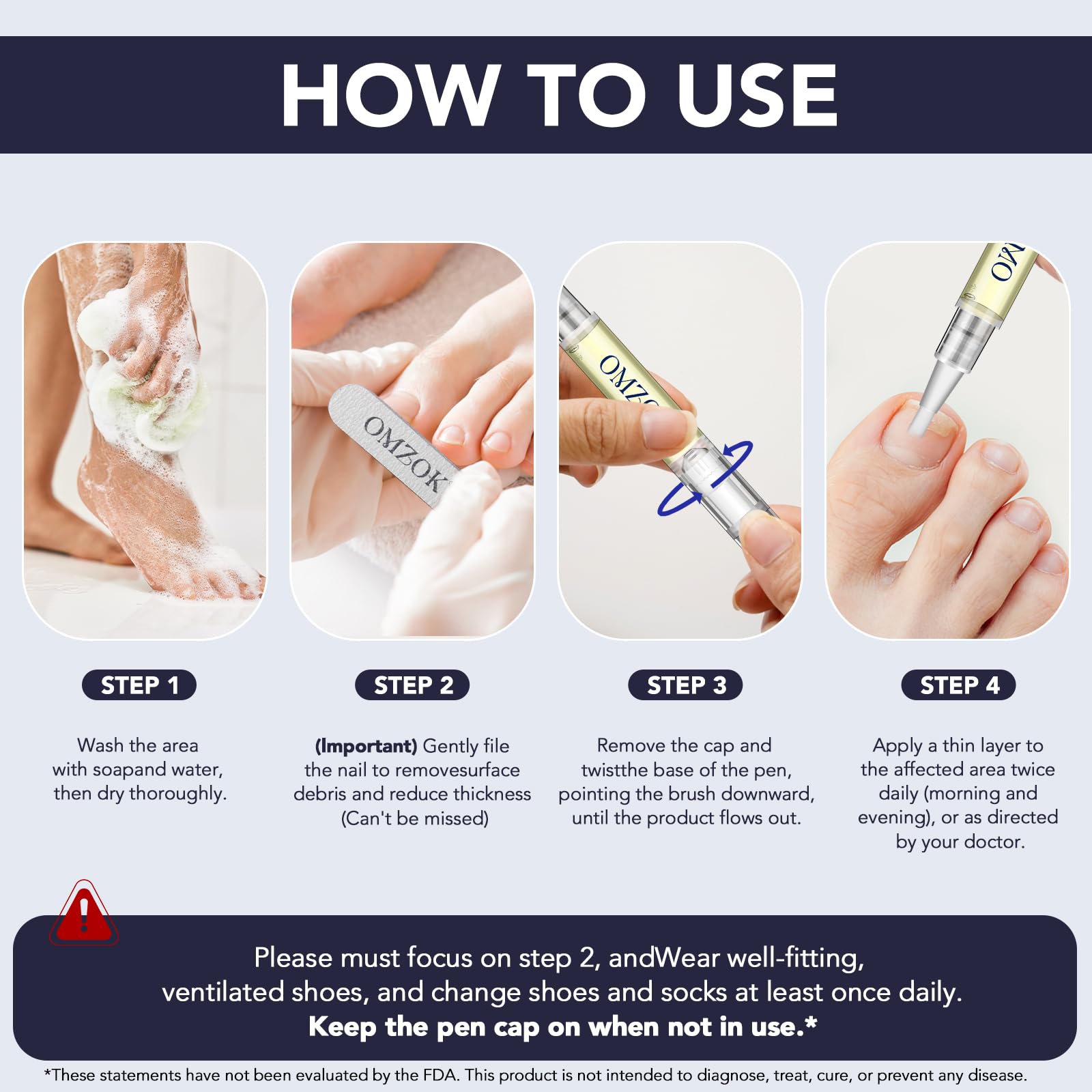 OMZOK twice-daily use after filing nails for care routine.