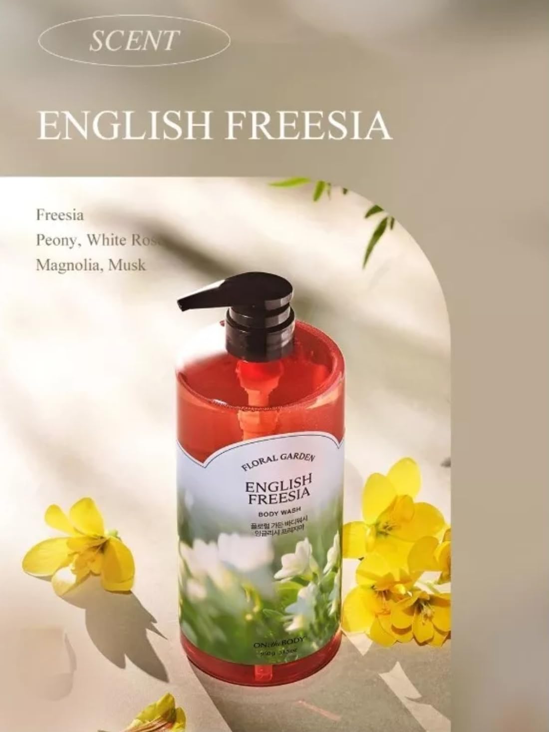 On The Body Jasmine body wash bottle in a sunny bathroom setting for luxury spa vibes.