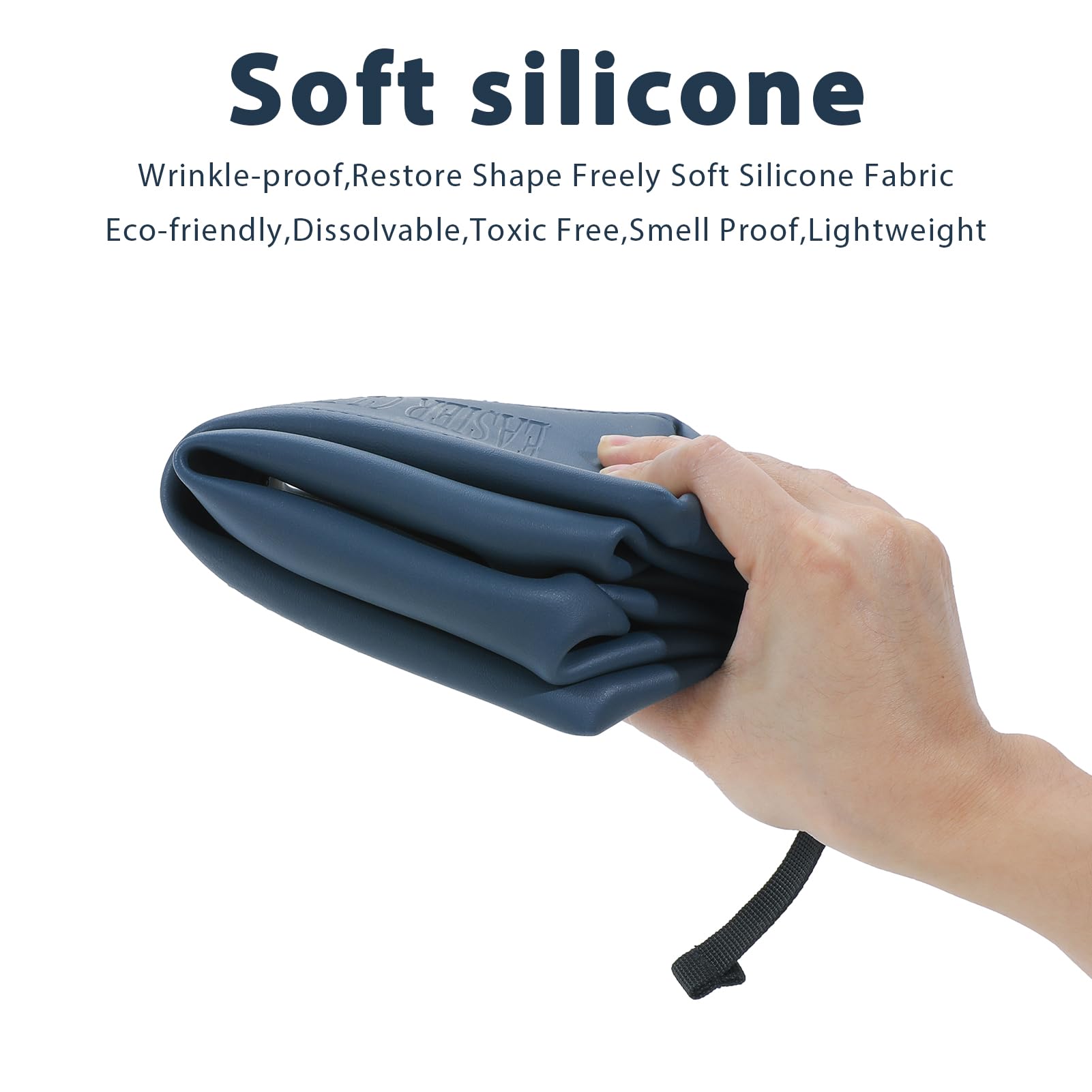 Onbagway navy silicone bag flat bottom stands upright on countertops