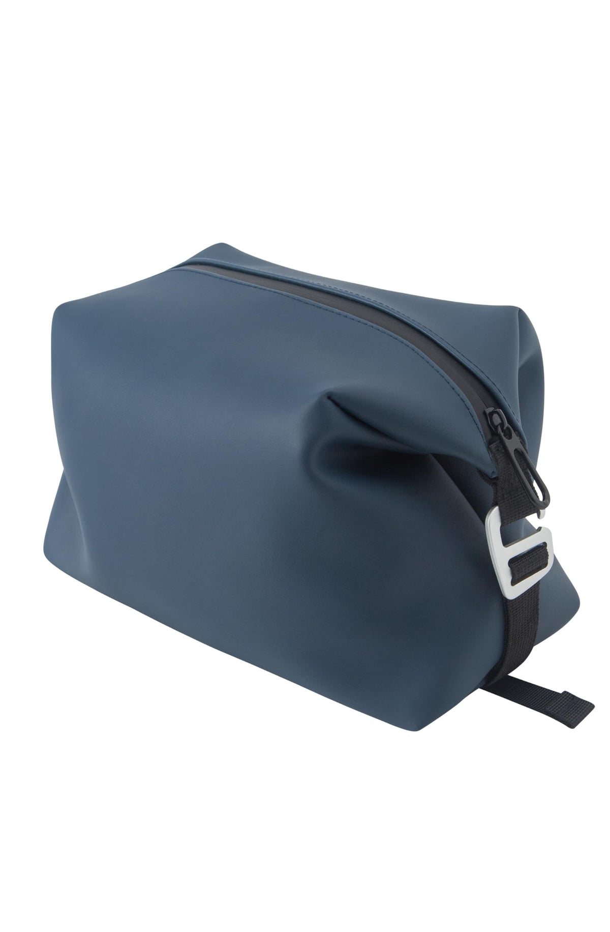 Onbagway navy silicone toiletry bag unfolded showing roomy main compartment for travel
