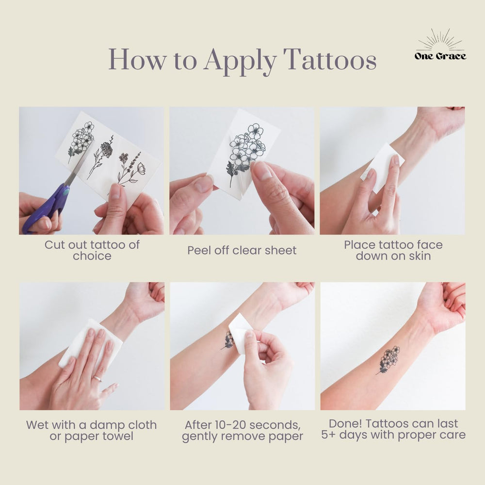 One Grace forearm mini tattoo black and white, long lasting with water resistance.