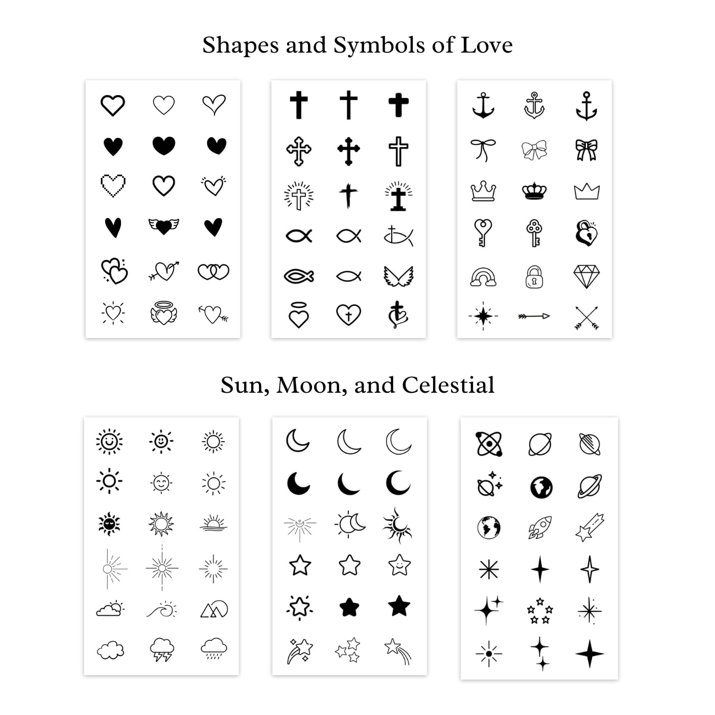 One Grace realistic tiny tattoo set, high-contrast lines for authentic look.
