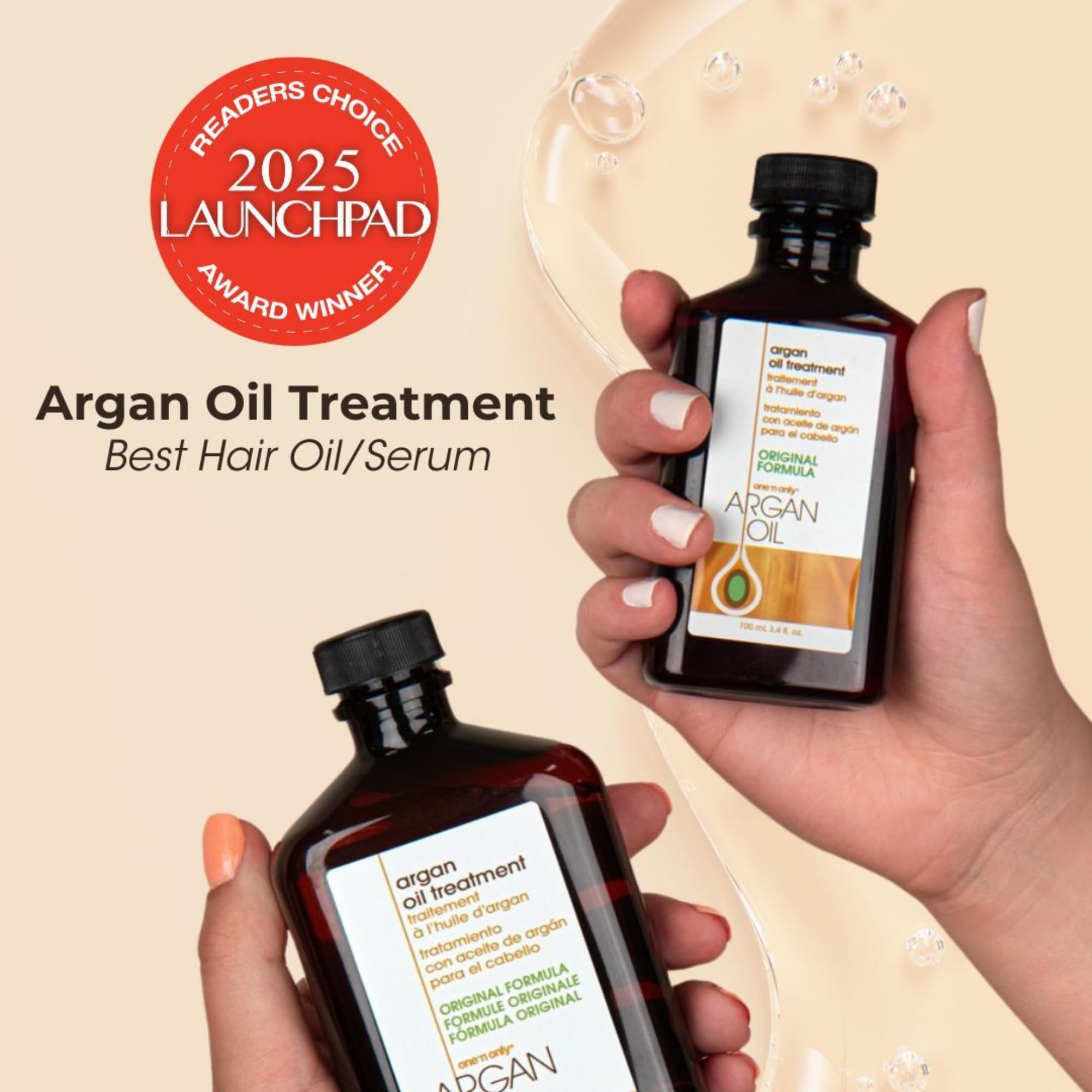 One 'N Only Argan Oil Hair Treatment pour-cap close-up indicating easy application