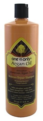 One N Only Argan Oil Shampoo Moisture Repair two-pack product image shows hydrated, shiny hair.