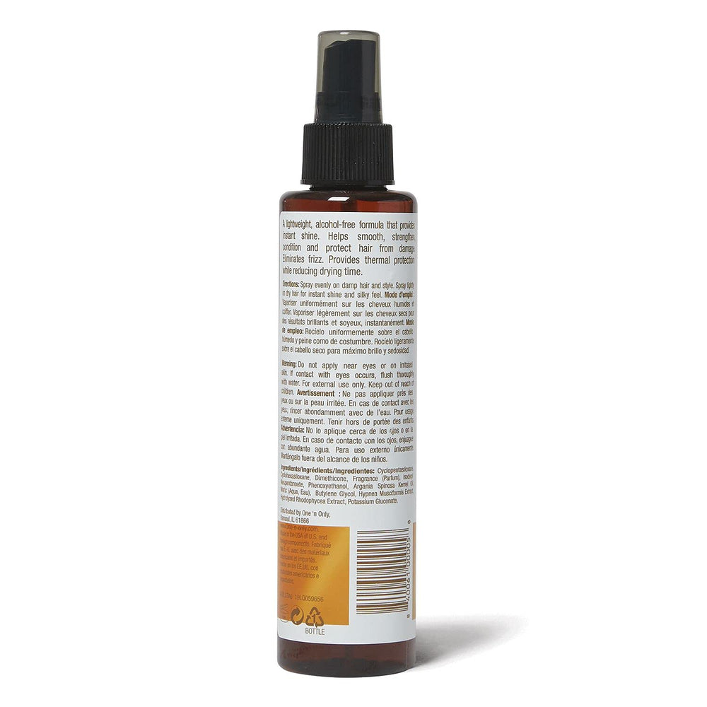 Mist application of One 'N Only Argan Oil Spray Treatment shown.