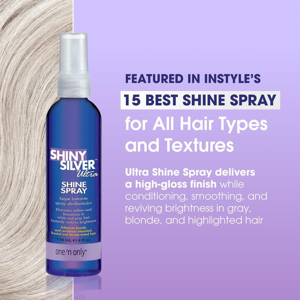 One 'N Only Purple Hair Shine Spray applied to hair for vibrant gloss and cool tones.