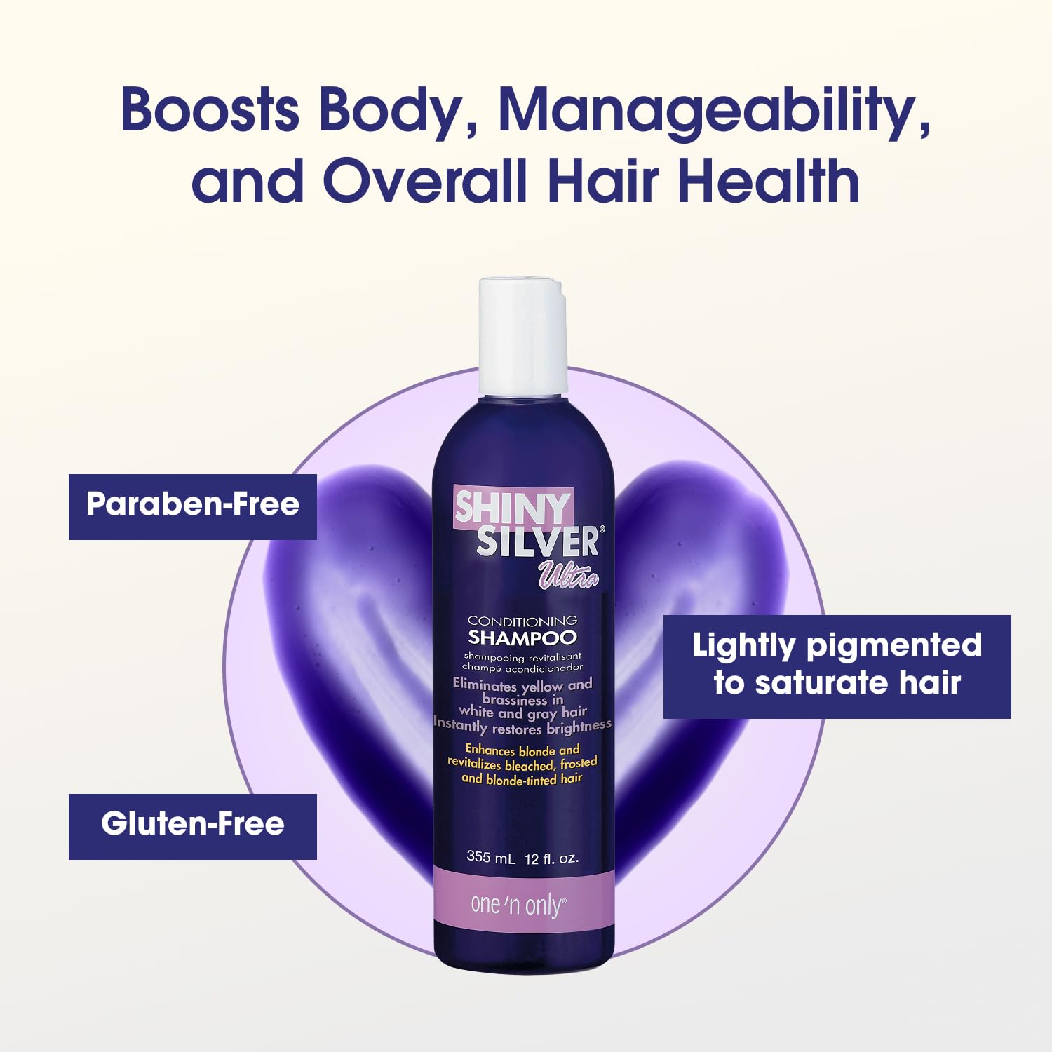 One 'N Only Shiny Silver Purple Shampoo on glossy hair enhances shine and cool-toned color