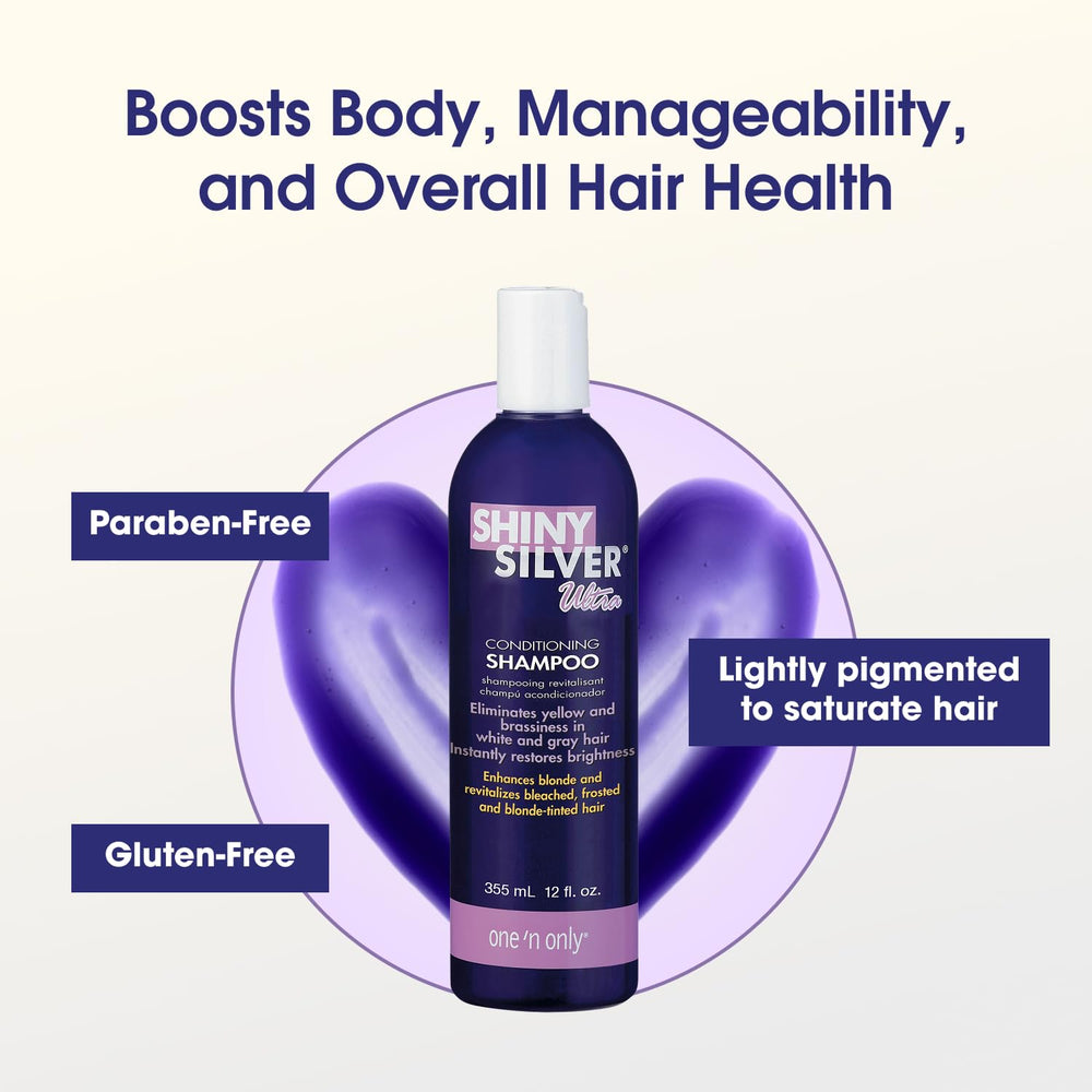 One 'N Only Shiny Silver Purple Shampoo on glossy hair enhances shine and cool-toned color