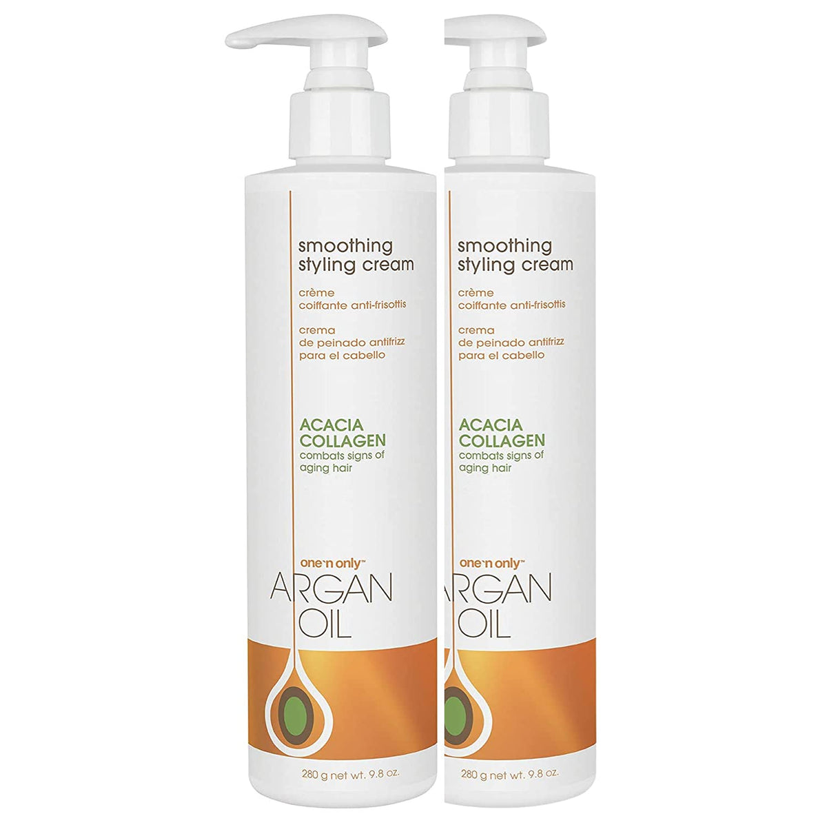 One 'N Only smoothing hair cream bottle front with two-pack packaging for frizz control.