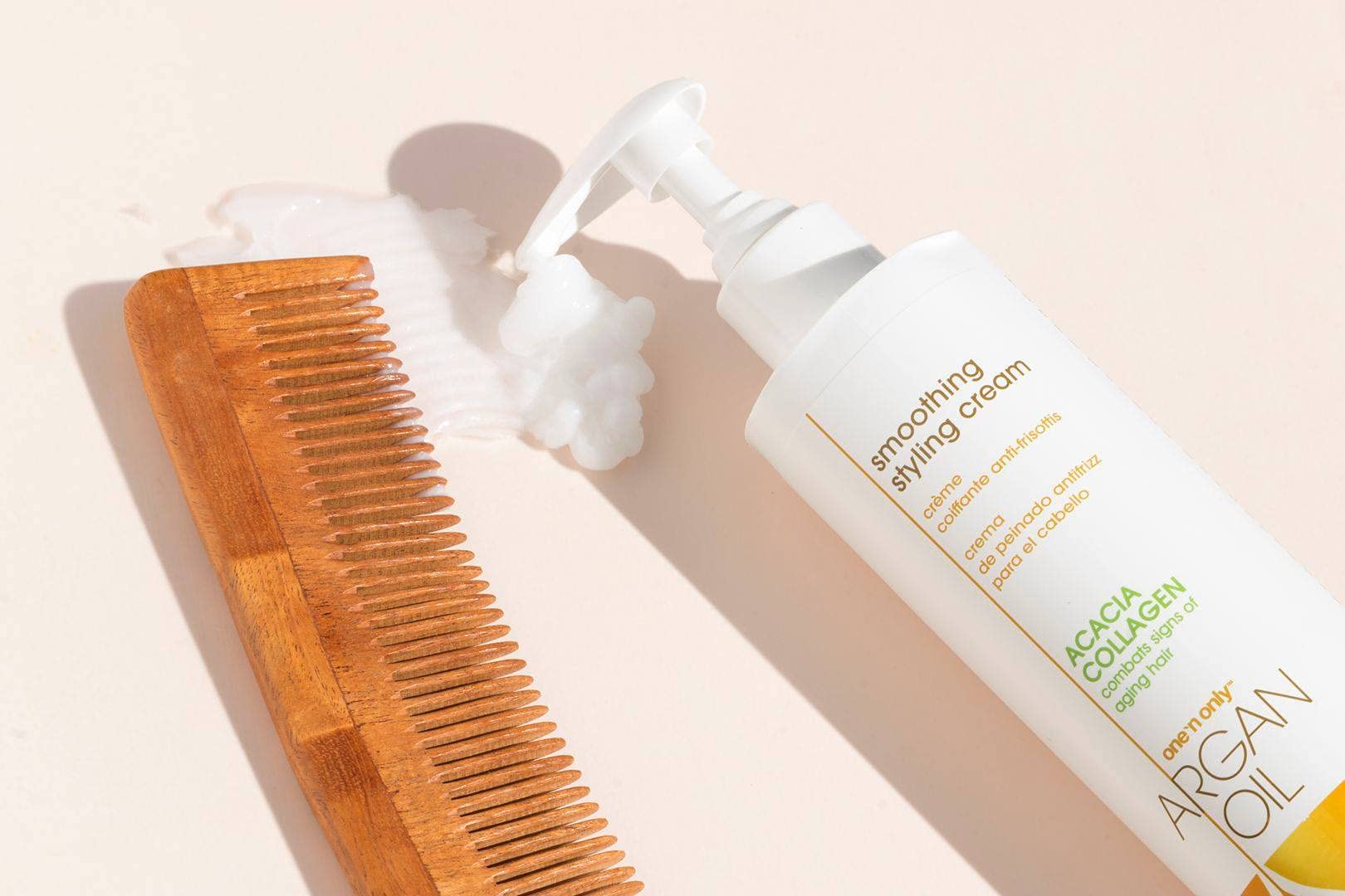 One 'N Only smoothing hair cream texture close-up shows defined soft hair.