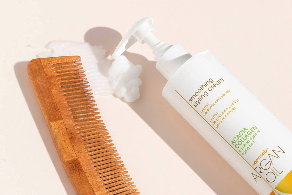 One 'N Only smoothing hair cream texture close-up shows defined soft hair.
