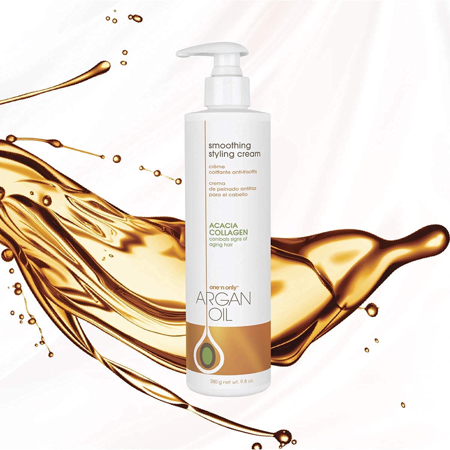 One 'N Only smoothing hair cream pump bottle enables easy application and shine.