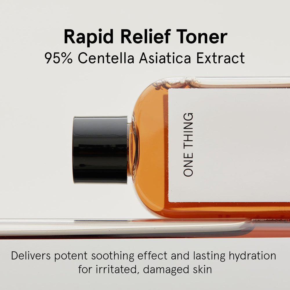 ONE THING Centella Toner hand application demonstrates quick redness relief and hydration.
