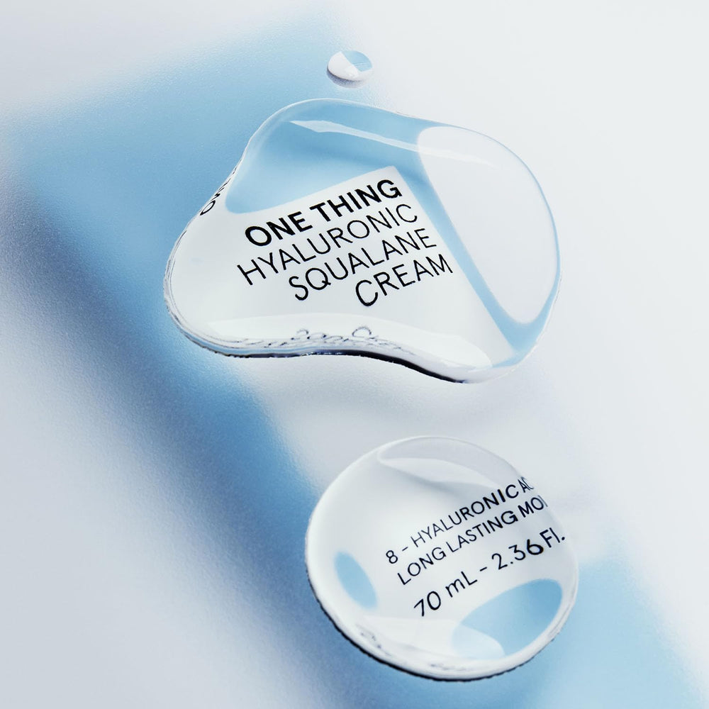 Closeup of ONE THING Hyaluronic Squalane Cream shows clean, hypoallergenic formula