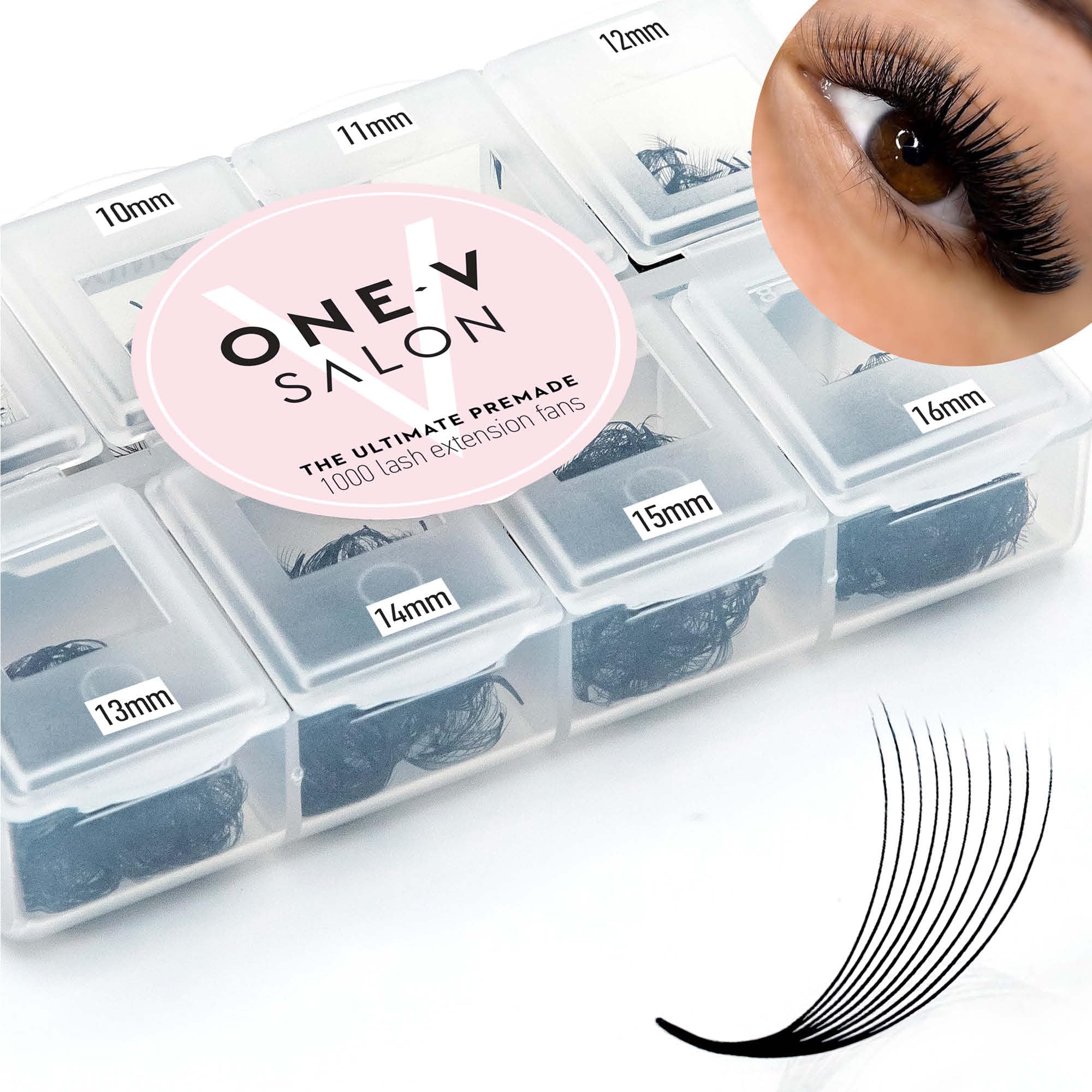 One V Salon 1000 premade lash fans in 9–16mm for quick volume sets