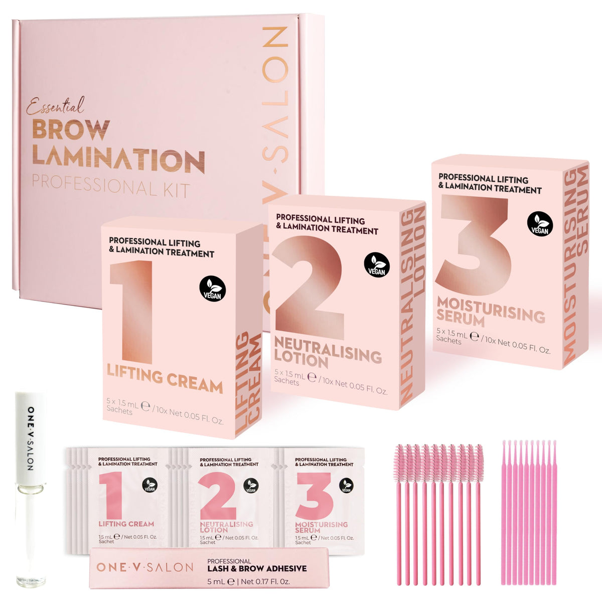 One V Salon brow lamination kit sachets arranged for precise professional lifts